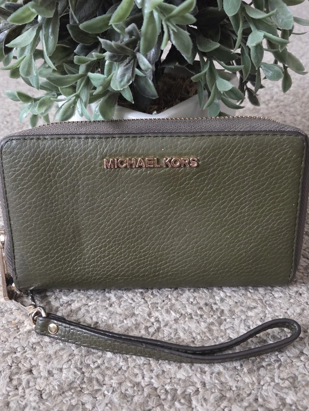 Michael Kors Olive Green Pebbled Leather Wristlet Wallet